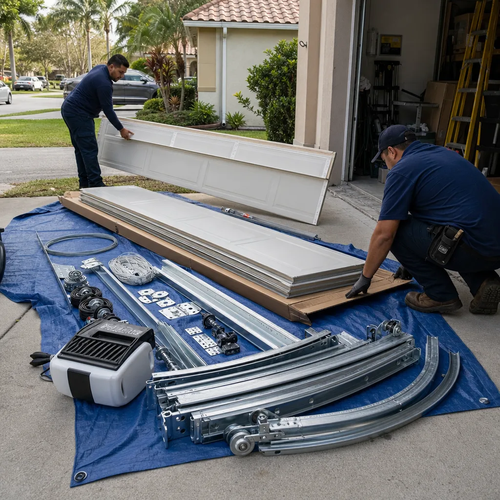 Two professional technicians preparing components for a garage door installation.