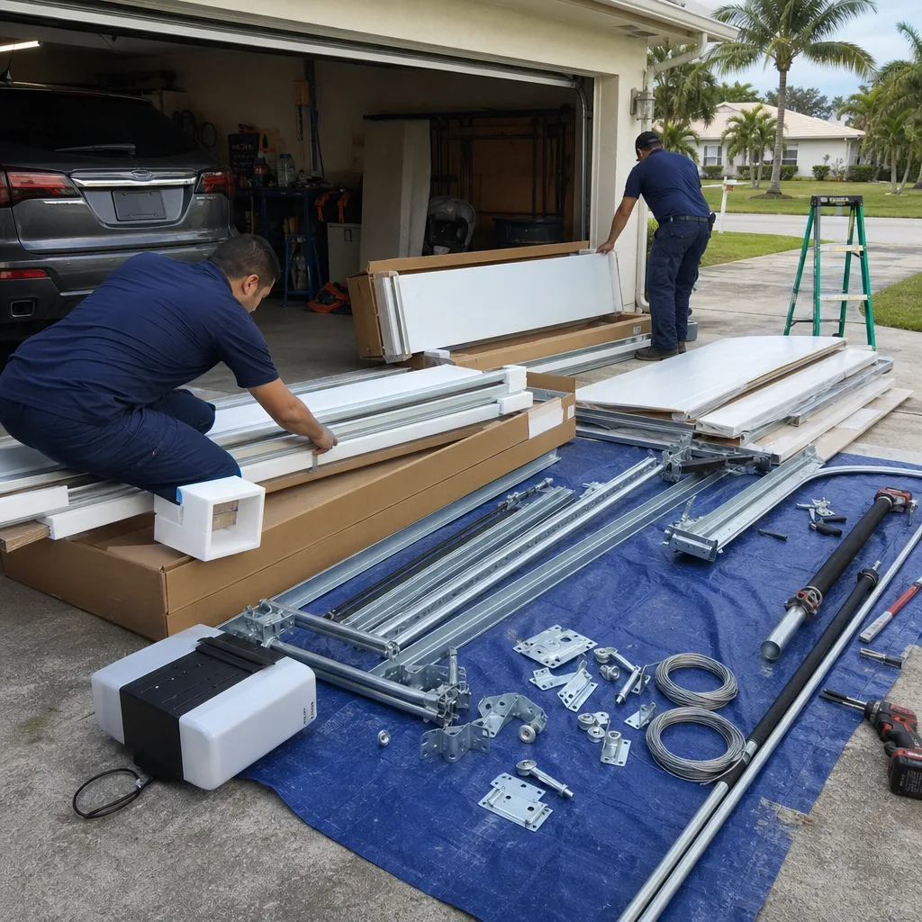 Two technicians organizing components for professional garage door installation