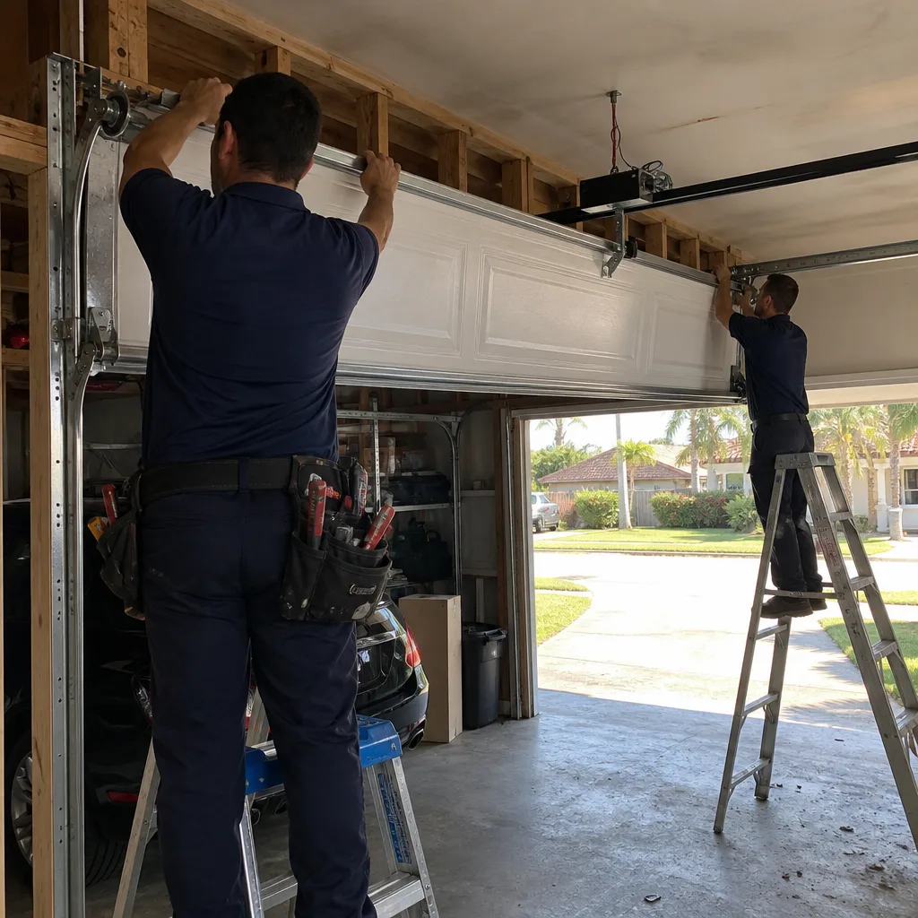 Two professional technicians installing a white sectional garage door.