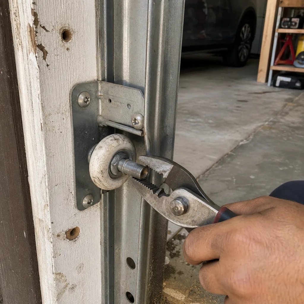 Technician using pliers to perform professional garage door roller repair