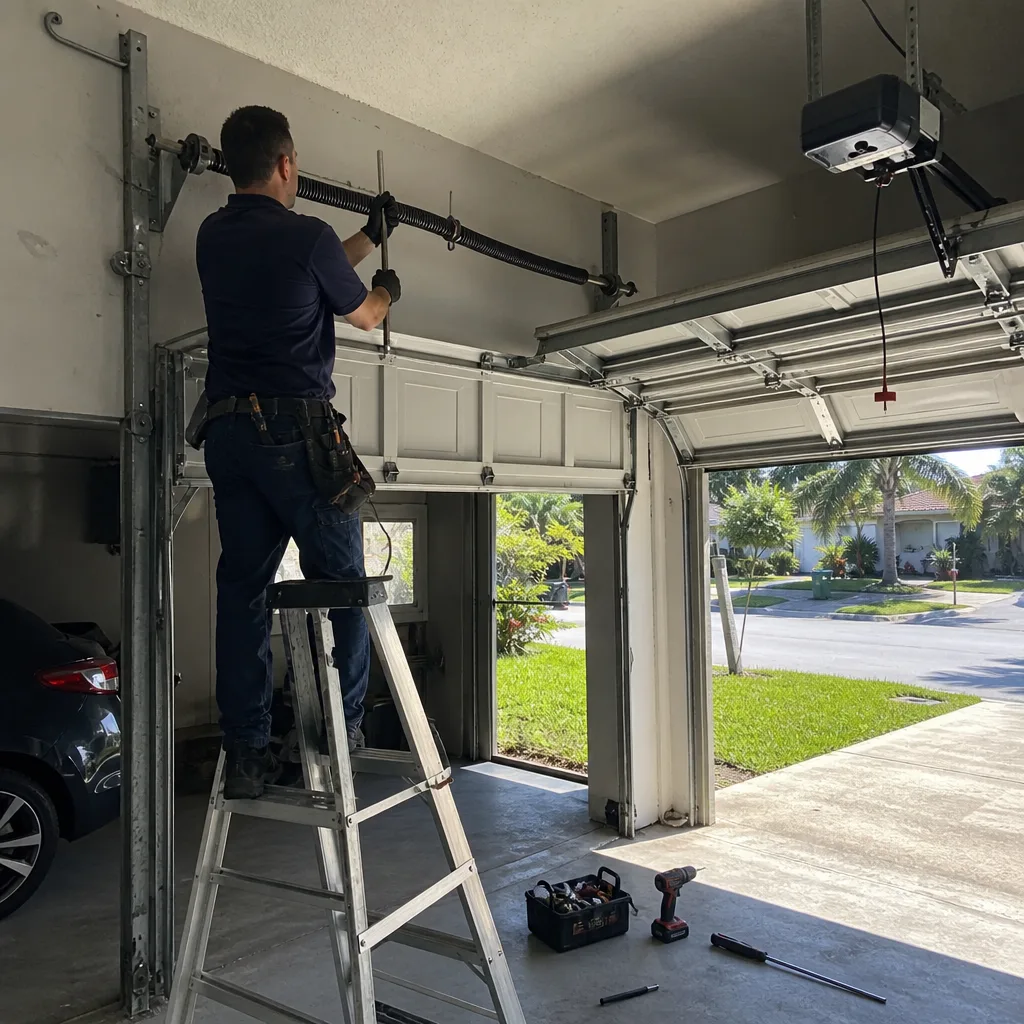 Professional technician repairing a garage door torsion spring on a ladder