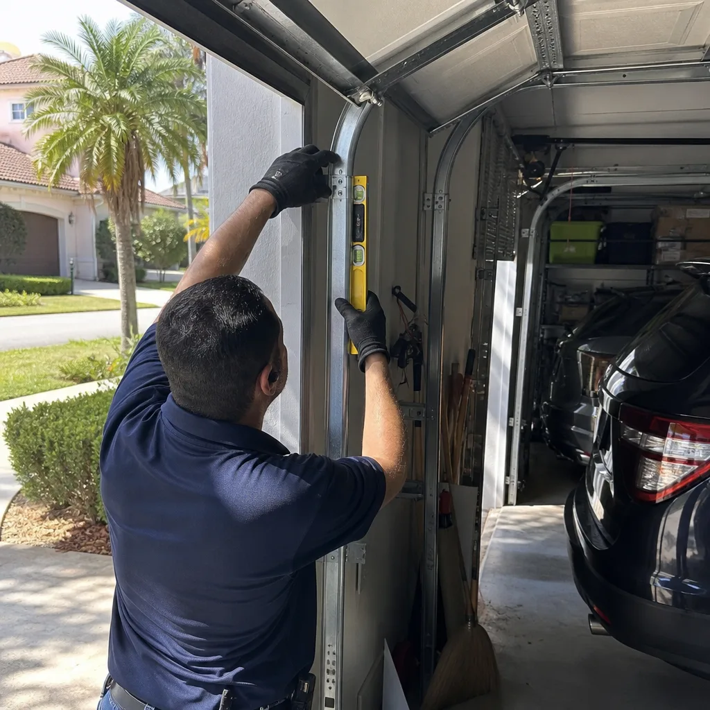 Technician using a level to align garage door track during repair